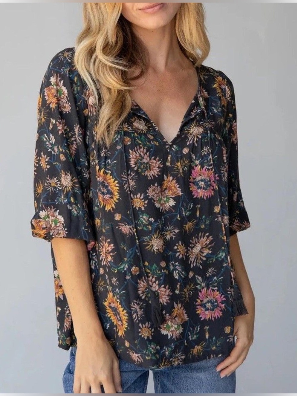 Natural Life Women's Medium Dark Floral V Neck Tie Blouse Top Boho Rayon
